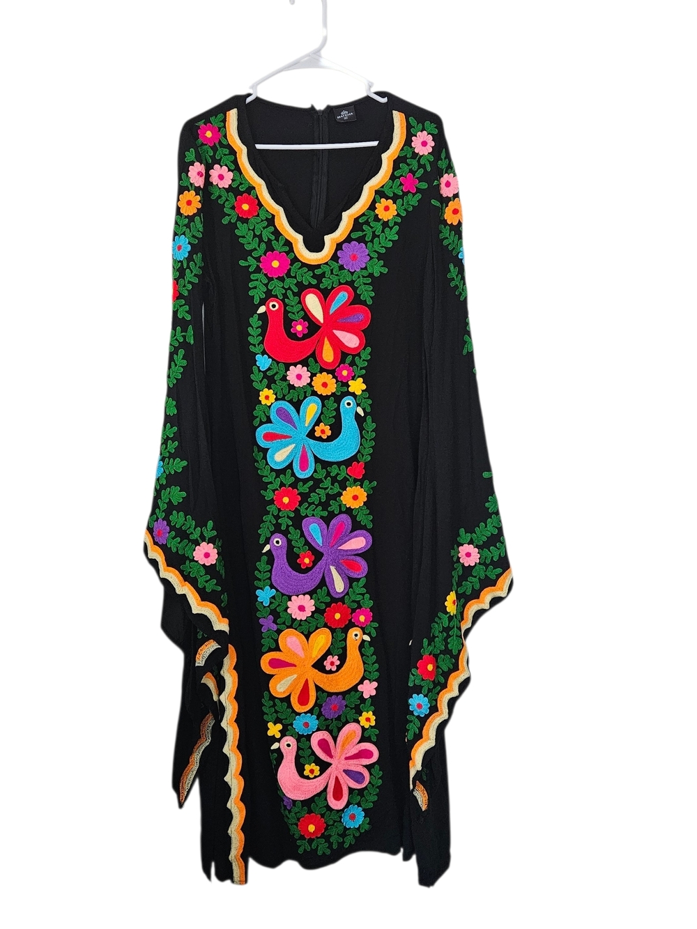 Mexican Folk Black Embroidered Floral Swim Cover-Up Kaftan/boho Dress MATHEA XL
